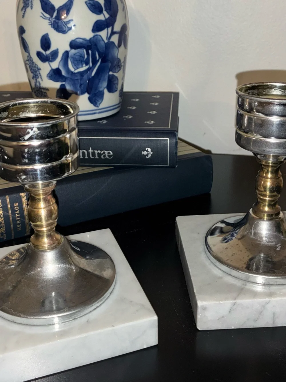 Vintage MCM Marble & Brass Metal Candlestick Holders Pair Hollywood Regency